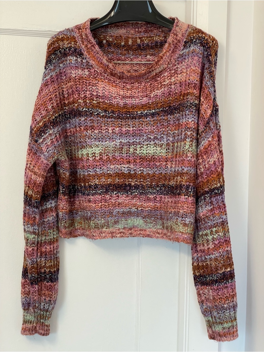 Striped Cropped Crewneck Sweater in Pink Multi